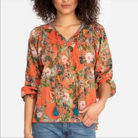 Johnny Was Orange Green Tie Front Blouse - Picture 1 of 7